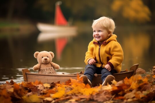 A delightful snapshot of a sandy-haired child with chubby cheeks, joyfully playing with his toy sailboat on the edge of a tranquil lake, surrounded by vibrant autumn foliage