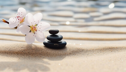 Fototapeta na wymiar Tranquil scene of stone stack, pebble, and flower generated by AI
