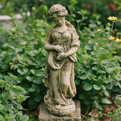 Fototapeta na wymiar Old Stone Statue of a Goddess in a Lush Wildflower Garden