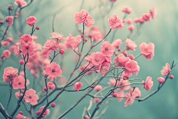 Tree branches covered with beautiful pink flowers