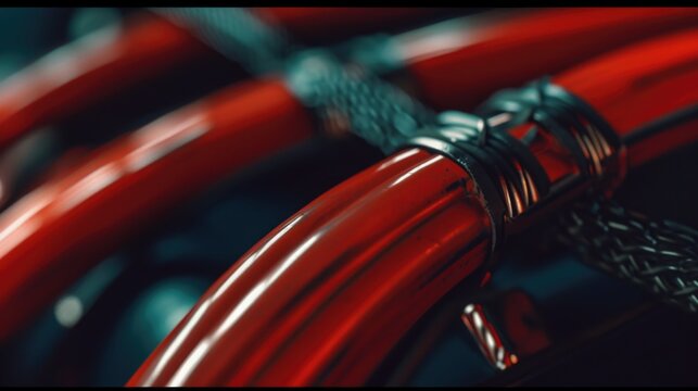 A close-up photograph showcasing the vibrant red handle of a bike. This image can be used to represent cycling, outdoor activities, transportation, or fitness