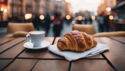 Delicious croissant. Fresh croissant on a table in a cafe. AI generated