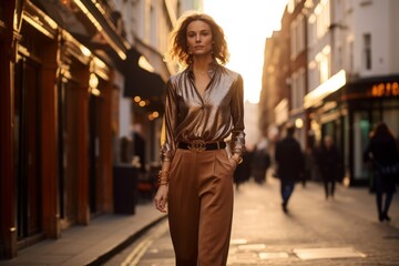 Fototapeta premium A stylish woman in her mid-thirties confidently struts down a bustling city street, her chain belt trousers catching the golden glow of the setting sun