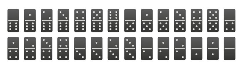 Realistic domino full set. Dominoes bones vector illustration. 28 black pieces for game graphic element