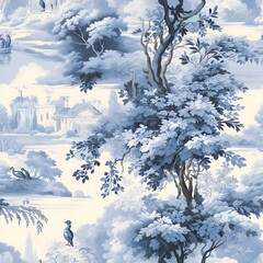 Toile de jouy pattern with countryside views with castles and houses and landscapes with trees, river and bridges with road in blue color