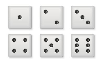 White dice set. Collection of dice cubes with numbers. Casino, lottery and gambling game elements. Top view icons. Realistic vector illustration