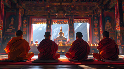 Tibetan monks meditating in a serene monastery. Captured in the Himalayan mountains - obrazy, fototapety, plakaty