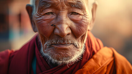 Close-up portrait of a Tibetan monk, Tibetan Buddhism