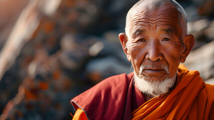 Close-up portrait of a Tibetan monk, Tibetan Buddhism - obrazy, fototapety, plakaty