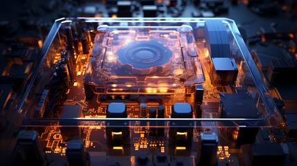 A top view of a CPU with a tempered glass side panel, offering a clear view of the meticulously arranged components