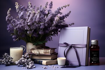 Whimsical arrangement of textured notebooks on a lavender background, providing a dreamy atmosphere with space for artistic annotations