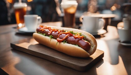Delicious hot dog. Fresh hot dog on a table in a street cafe. AI generated - obrazy, fototapety, plakaty