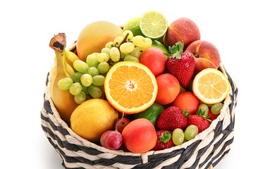 Bowl with different fresh fruits on white background