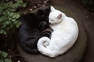 A black cat and a white cat forming a yin yan sign - obrazy, fototapety, plakaty
