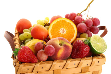 Wicker basket with different fresh fruits on white background