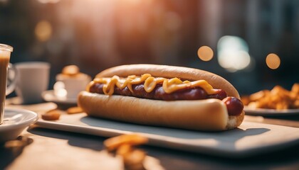 Tasty hotdog. Fresh appetizing hotdog on a table in a street cafe. AI generated - obrazy, fototapety, plakaty