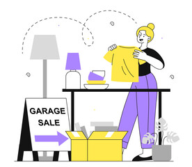 Woman with second hand shop vector linear