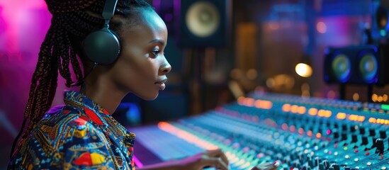 Talented African woman creates awesome music in recording studio. - obrazy, fototapety, plakaty