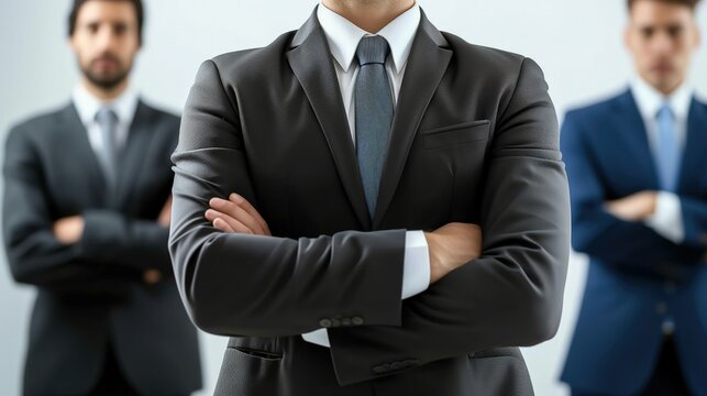 Focused man in a business suit stands with crossed arms, exuding leadership, flanked by his attentive team in a corporate setting