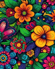 Fototapeta na wymiar Colorful Flowers and Leaves Painting