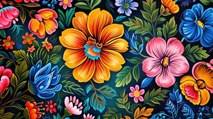 Fotobehang Colorful Flowers Painting on Black Background © BrandwayArt