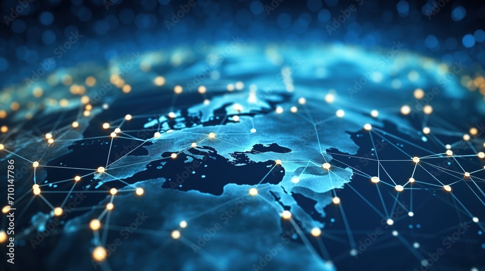 Poster concept image showing a networked globe with connections across a digital map, representing global i