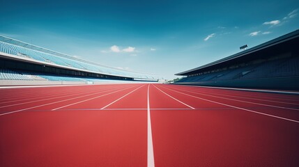 Wide-angle view of an empty sports stadium with vibrant red running tracks and blue seating - obrazy, fototapety, plakaty