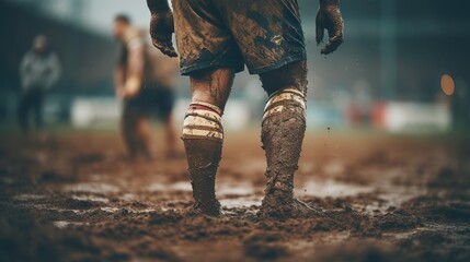 Close-up of rugby player's legs caked in mud, embodying the grit of the game - obrazy, fototapety, plakaty