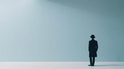 A lone figure in a hat and coat stands against a vast blue wall, a study in solitude