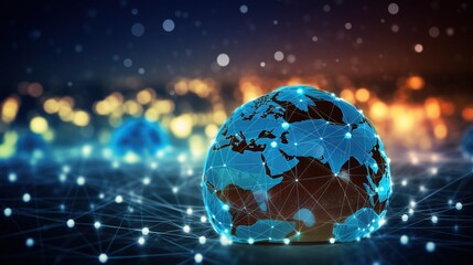Illuminated globe with digital network connections symbolizing global communication and technology