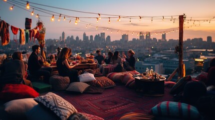 Group of friends enjoying a bohemian rooftop party against a city skyline at dusk