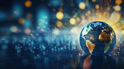 Illuminated globe on a grid with financial icons symbolizing interconnected global markets