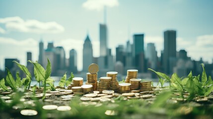 Coins stack representing financial growth against a city skyline with greenery