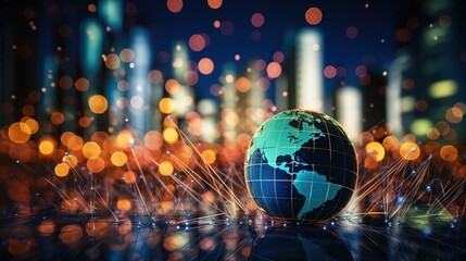 Fototapeta na wymiar A glowing globe with cityscape and fiber optics depicts urban tech growth