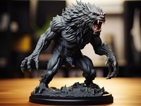3d printed plastic werewolf figurine on a wooden table
