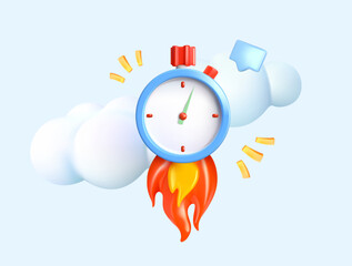 3D icon stopwatch with fire. Isolated on background. Concept of quickly completing a task. Vector illustration
