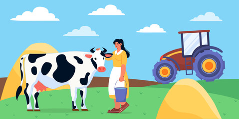Village woman with cow vector
