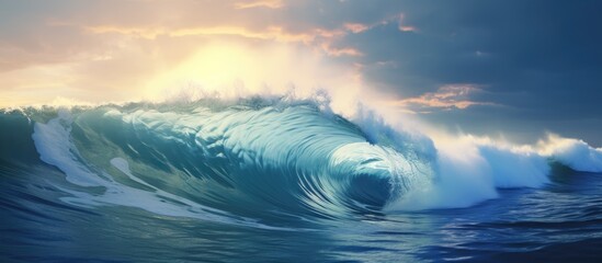 Ocean wave crashing in blue water. - obrazy, fototapety, plakaty