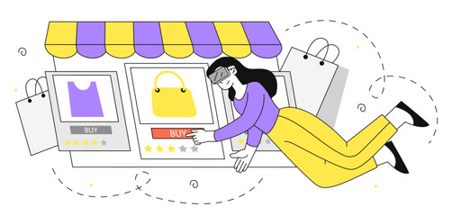 Virtual shopping woman vector linear