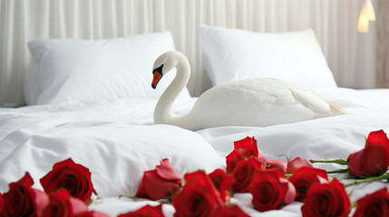 Two swans made from towels are kissing on honeymoon white bed. Valentine signature made from red rose flower on bed decoration in bedroom