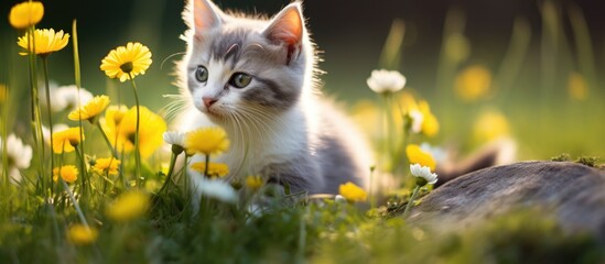 Tiny adorable cat next to yellow daisies.