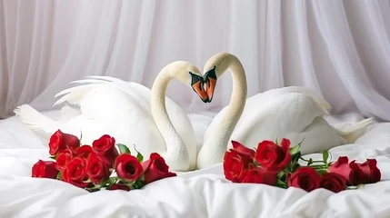 Selbstklebende Fototapeten Two swans made from towels are kissing on honeymoon white bed. Valentine signature made from red rose flower on bed decoration in bedroom © FutureStock