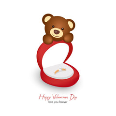 Red ring box and gold diamond ring with cute bear
