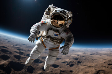 Fototapeta premium An astronaut in a vintage spacesuit in flight above the surface of the planet. Generated by artificial intelligence