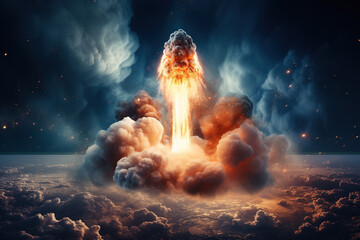 Top view of a rocket launching into space. Fire and clouds of smoke. Generated by artificial intelligence