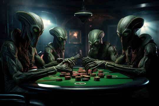 Aliens play poker at a gaming table in a dark room. Generated by artificial intelligence