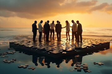 Business people jigsaw puzzle team collaboration concept on light background with sun