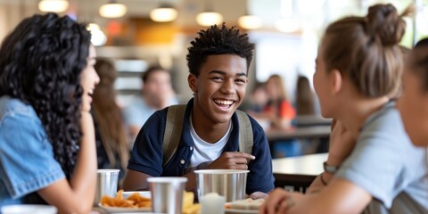 Teenagers laughing at a school cafeteria
