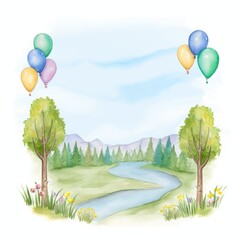 Aquarell einer Frühlingslandschaft mit Luftballons Illustration