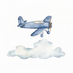 Naklejka na ściany i meble Aquarell eines blauen Flugzeugs mit Propeller in der Luft Illustration